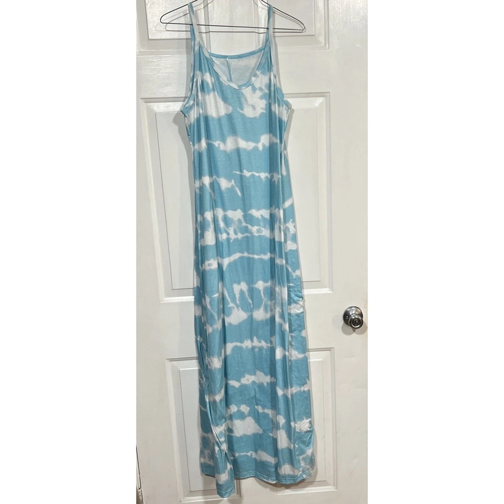 NWOT Womens Boho Tie Dye Look Ctn Poly Maxi Dress slim fit Blue white size XXL